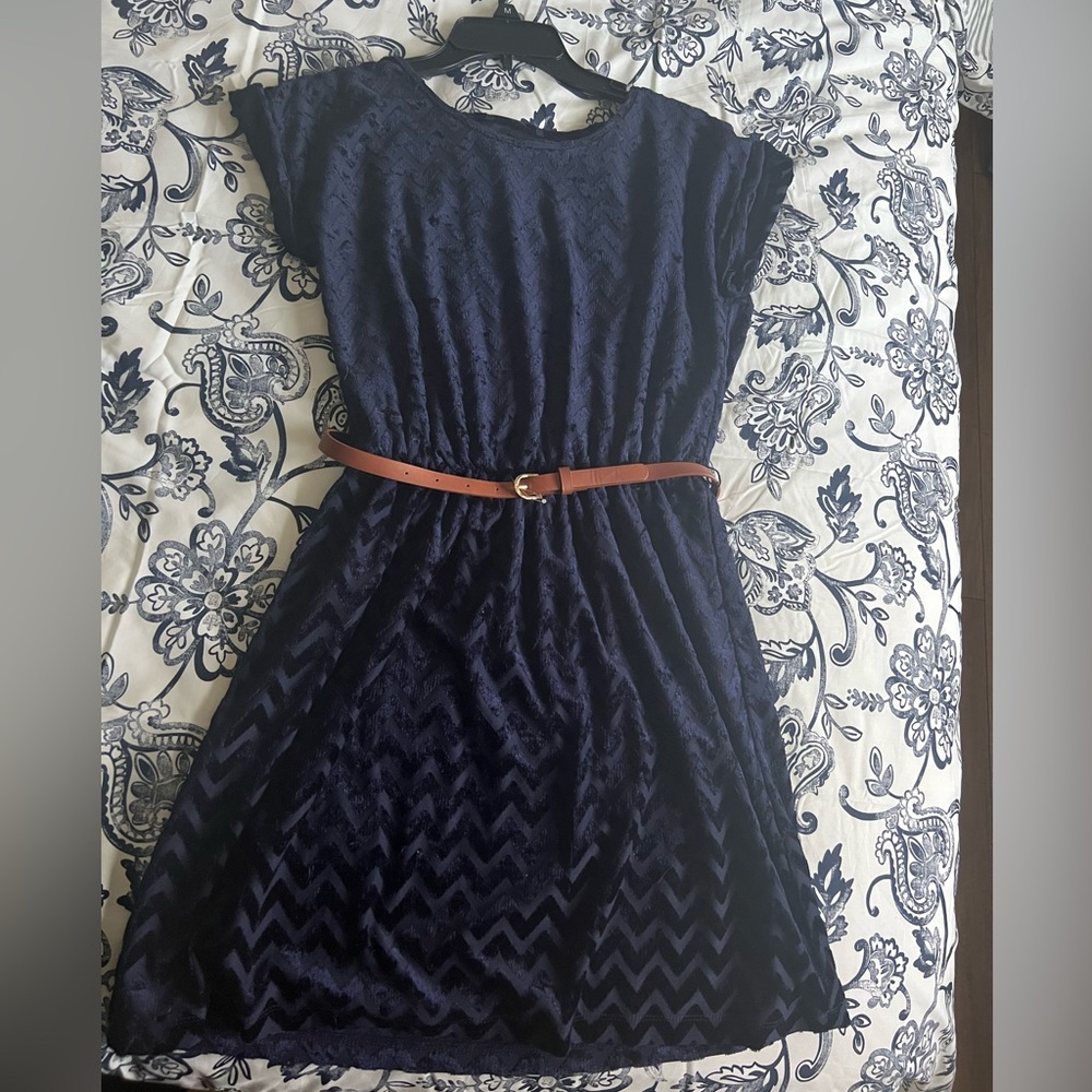 Short dress, dark blue, with brown belt good condition
